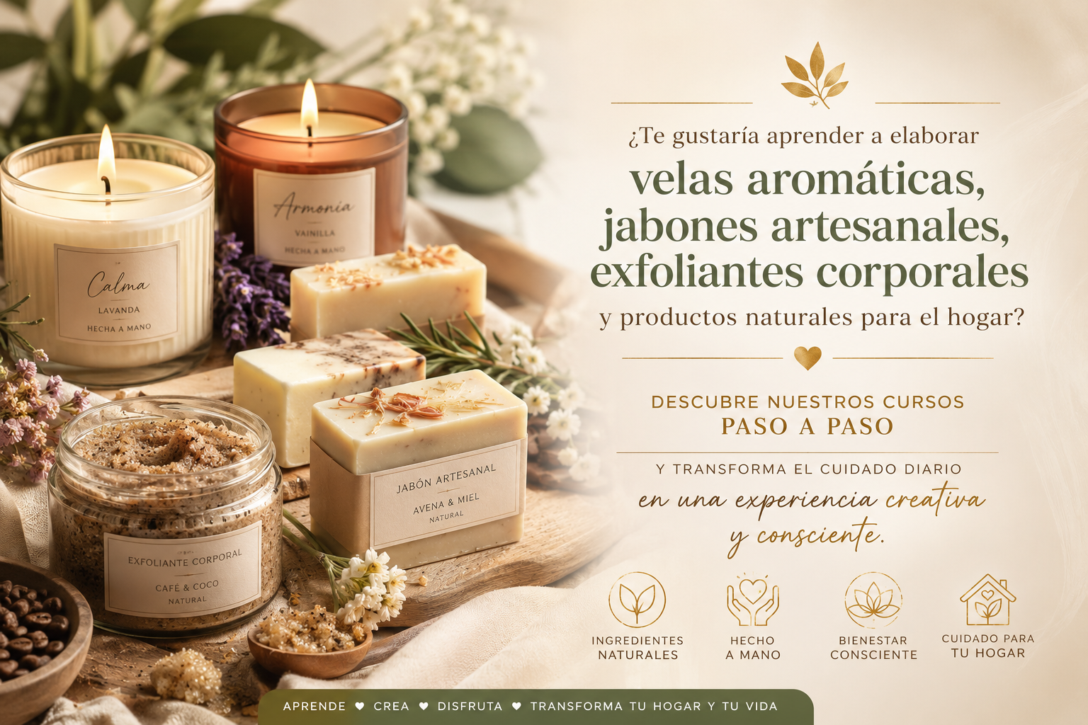 Cursos paso a paso para elaborar velas aromáticas, jabones artesanales, exfoliantes corporales y productos naturales para el hogar