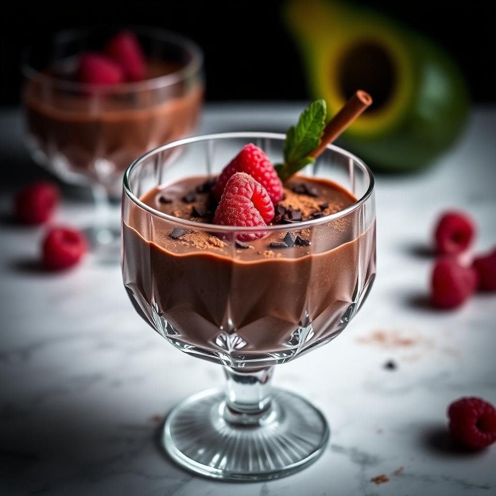 Mousse de chocolate cremoso en copa de cristal con frambuesas frescas y cacao