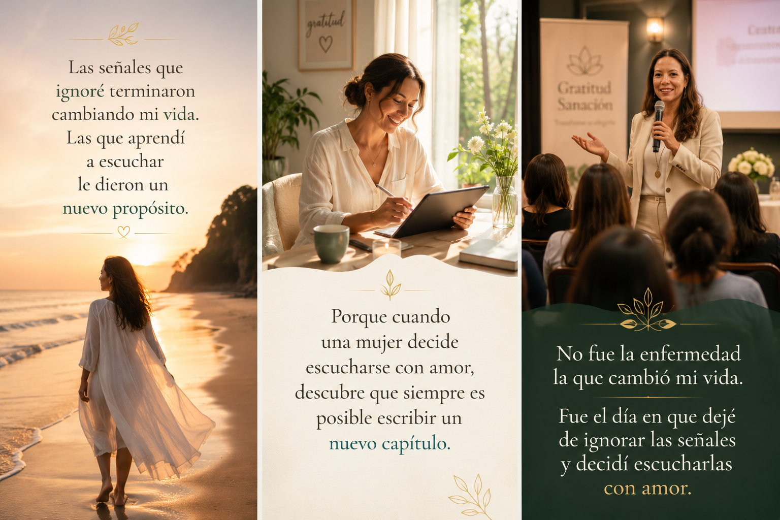 Tres momentos del camino de Cris: caminando al amanecer, escribiendo en casa y compartiendo en un encuentro de Gratitud y Sanación.