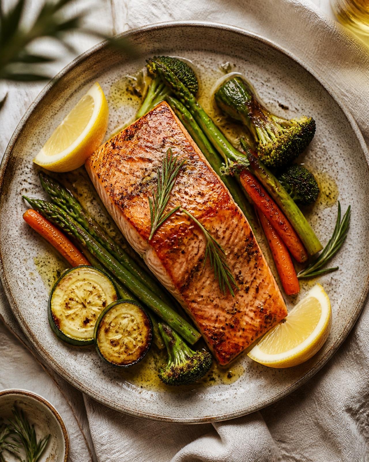 Salmón mediterráneo con brócoli, espárragos, zanahoria, calabacín y romero