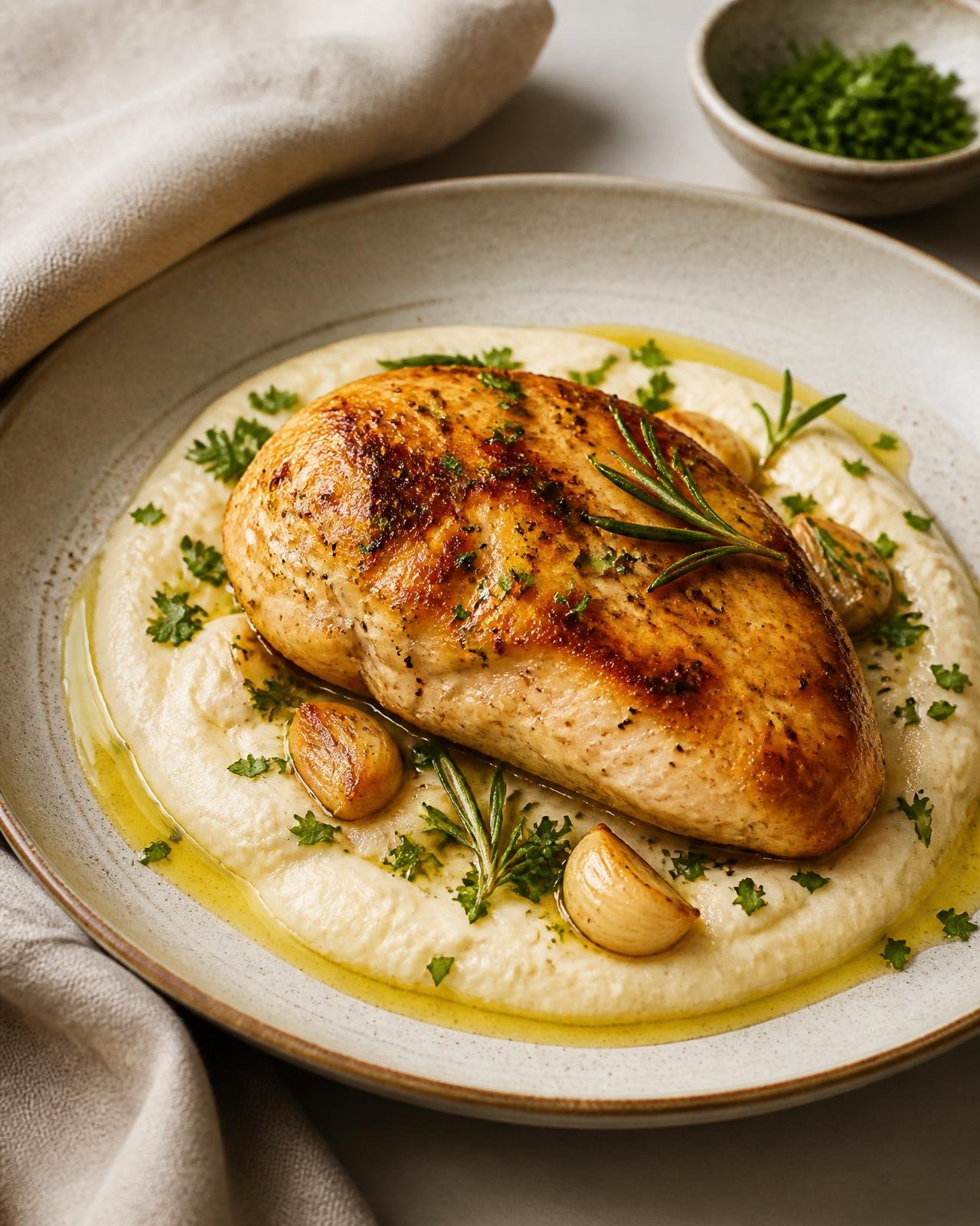 Pollo al romero laminado sobre puré cremoso de coliflor con ajo y perejil