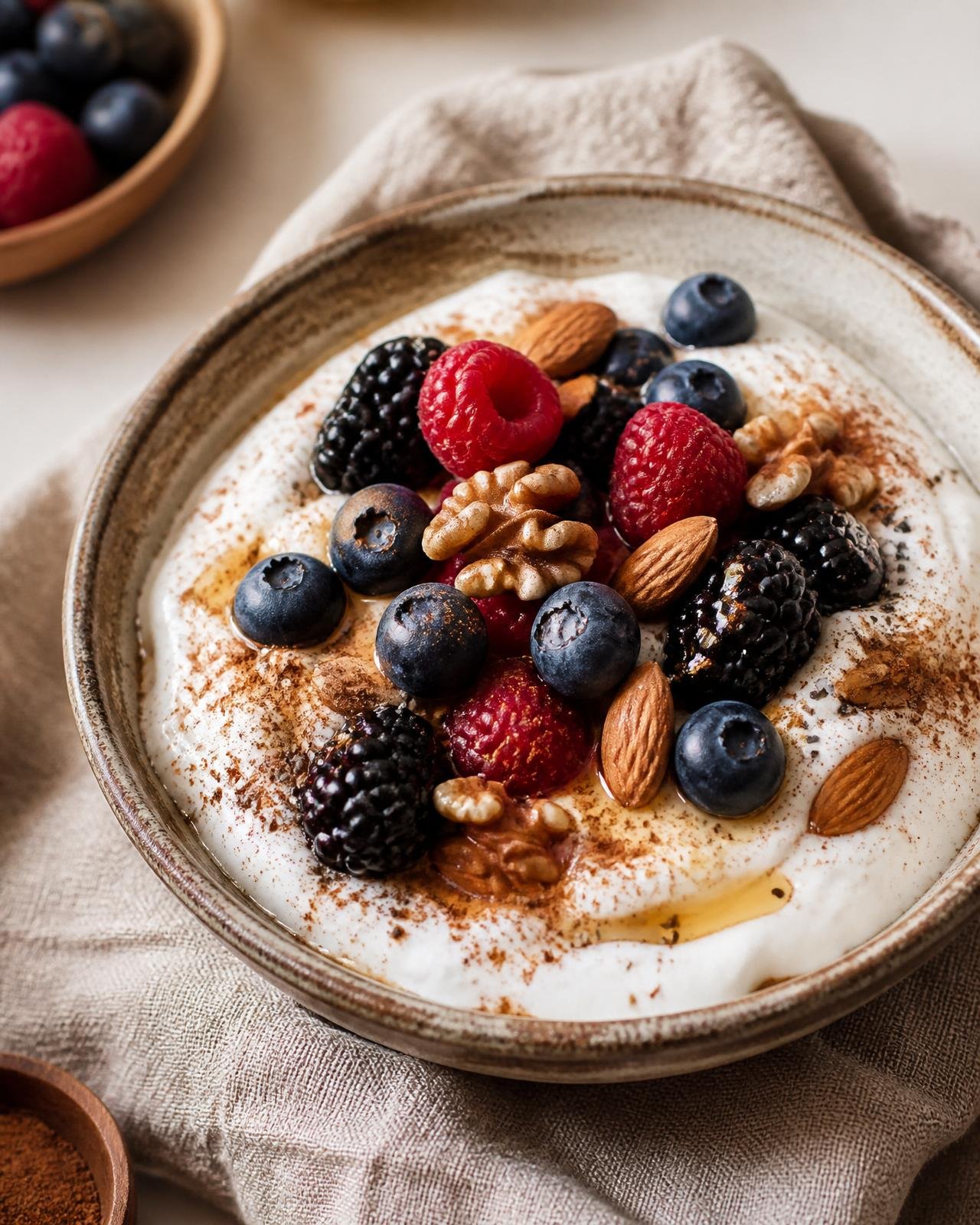 Copa de yogur griego con arándanos, frambuesas, moras, nueces, almendras y canela